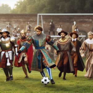 Footballers dressed in historical outfits similar to knights and noblemen chase a football