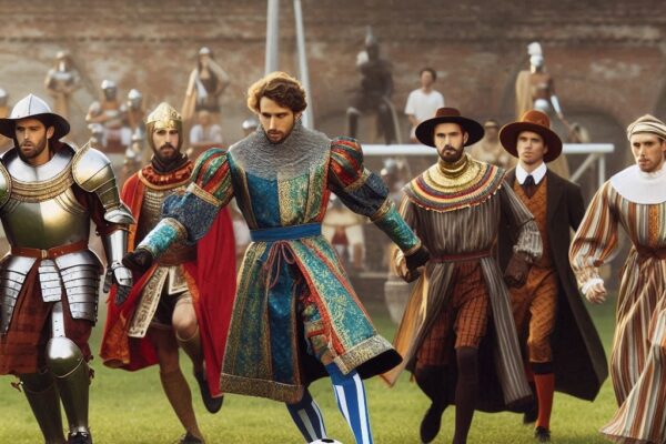 Footballers dressed in historical outfits similar to knights and noblemen chase a football